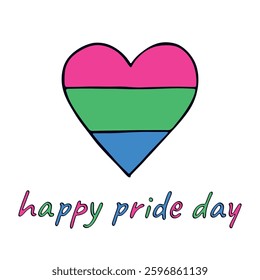 Colorful heart shape Polysexual pride flag Happy pride day LGBTQIA community Pride Month Vector hand drawn doodle for posters, stickers, logo, cards