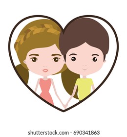 colorful heart shape portrait with caricature couple and her with dress and blond pigtails hair and him with brown hair vector illustration