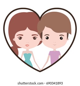 colorful heart shape portrait with caricature couple and him with short light brown hair and her with dress and ponytail hairstyle vector illustration