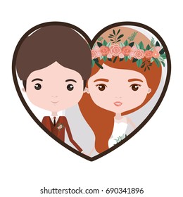 colorful heart shape portrait with caricature newly married couple groom with formal wear and bride with wavy side long hairstyle vector illustration