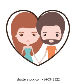 colorful heart shape portrait with caricature couple of her with dress and long red hair and him with brown hair and beard vector illustration