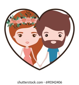 colorful heart shape portrait with caricature couple of her in dress with long red hair with floral crown and him with beard vector illustration