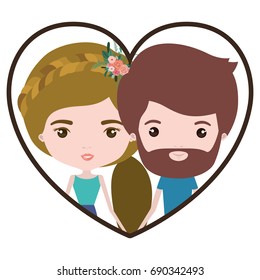 colorful heart shape portrait with caricature couple of him with short brown hair and beard and her with ponytail blond hairstyle and floral crown accesory vector illustration