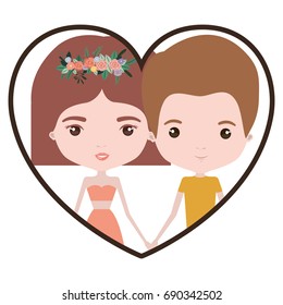 colorful heart shape portrait with caricature couple of him with short light brown hair and her with dress and short hairstyle and floral crown accesory vector illustration