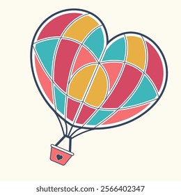 A colorful heart shaped balloon with a blue and yellow frame. The balloon is filled with air and has a red heart on it