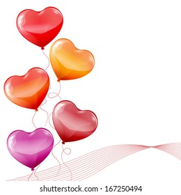 Colorful heart shaped birthday balloons on white background.