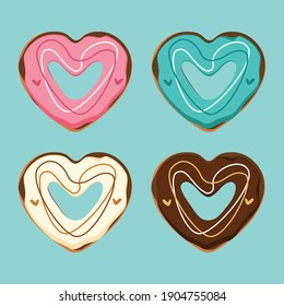 Colorful heart shaped donuts vector illustration for valentine's day.