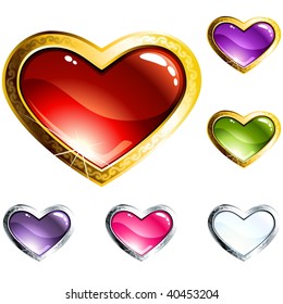 Colorful heart shaped glass buttons (vector); a JPG version is also available