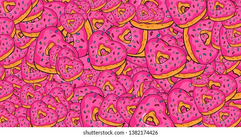 Colorful heart shaped sweet donuts endless pattern. From top view with copy space.
