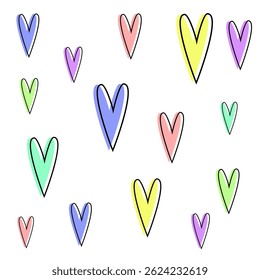 Colorful heart shapes scattered on a white background creating a playful and vibrant design