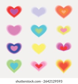 Colorful heart shapes in various hues, including red, blue, and yellow. Bright heart designs on a white background. Heart shapes with a glowing effect. Cute glowing element set vector.