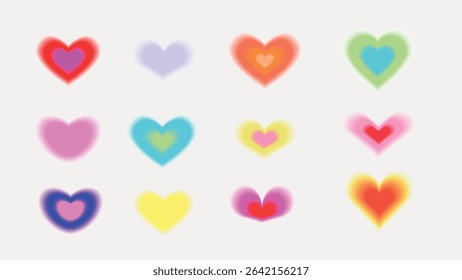 Colorful heart shapes in various hues and sizes, glowing hearts with vibrant colors. Hearts in red, blue, green, and yellow, each heart with a unique glow. Cute glowing element set vector.