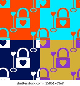 Colorful Heart symbol Love lock and key With gold, Lush lava, Aqua Menthe and Phantom Blue background is in Seamless pattern