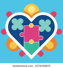 Colorful Heart Symbol with Puzzle and Geometric Shapes on Blue Background.