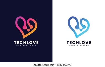 Colorful Heart tech logo concept Premium Vector of Saint Valentines Day with lines art and Business logo. Digital Atom Love Logotype concept icon.