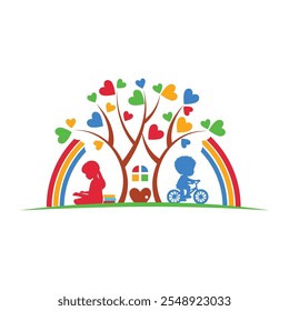 Ilustración colorida del arco iris del árbol del corazón con una lectura de la muchacha y un muchacho en una bici.