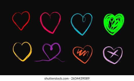 Colorido neón dibujado a mano corazón Vector colección. Ideal para temas románticos, tarjetas de felicitación, pegatinas y arte digital