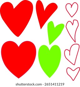 Colorful heart vector set featuring red and green heart shapes in solid and outline styles. Includes a variety of sizes and styles, perfect for Valentine's Day, romantic designs, love-themed cards