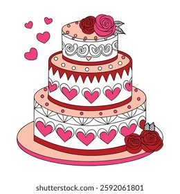 Colorful Heart-adorned Cake Design for Coloring Books