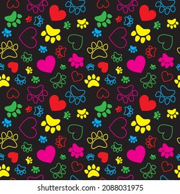 Colorful Hearts And Animal Paws, Cat, Dog Track Seamless Pattern. Vector Illustration.