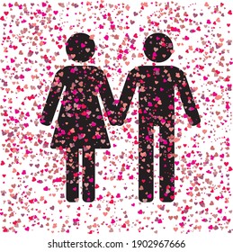 Colorful hearts background, flat vector couple holding hands, simple black female and male characters. 14 february valentine's day concept