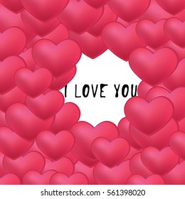Colorful heart`s Background. I love you. Greeting cards template. Glossy hearts with Shadows. Vector Illustration.