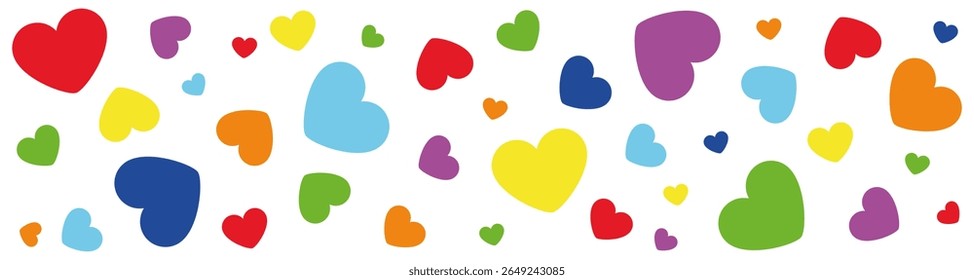 Colorful hearts banner. Horizontal pattern with multicolored heart symbols. Cute romantic background for kids decor, Valentine's Day, love theme, greeting card, or textile design.