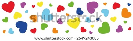 Colorful hearts banner. Horizontal pattern with multicolored heart symbols. Cute romantic background for kids decor, Valentine's Day, love theme, greeting card, or textile design.