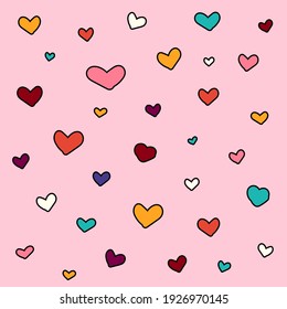 Colorful Hearts With Black Lines And Pink Background.  