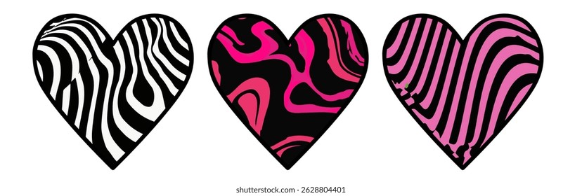 Colorful hearts with bold zebra and wavy animal print patterns in purple, pink, red, black, and white. Playful, trendy, and modern vector art perfect for stylish, creative projects.