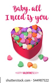 Colorful Hearts Candy for Valentines Day with Romantic saying for posters, cards or leaflet. Vector illustration for your design on white background.