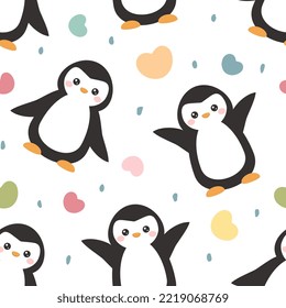 Colorful hearts cheerful penguin, kids fabric and textile clean white print.