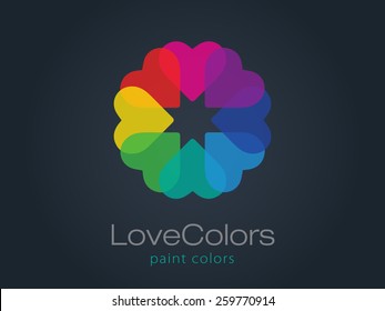 Colorful Hearts Circle vector Icon. Diversity, color, love concept. Business sign for paint & stain sellers, dating site or charity organization. Corporate identity template. Sample text. Editable 