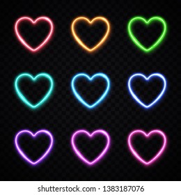 Colorful hearts collection in modern neon style. Shining heart shape borders set on transparent background. Bright love romantic banners flyers cover logo design. Technology signs vector illustration.