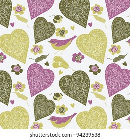 colorful hearts and cute bird. seamless pattern
