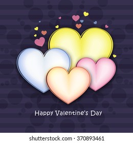 Colorful hearts decorated beautiful purple greeting card design for Happy Valentine's Day celebration.