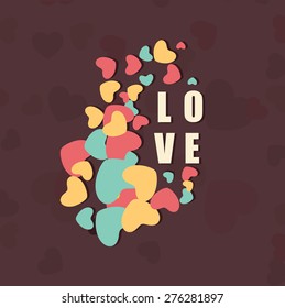 Colorful hearts decorated greeting card with text Love.
