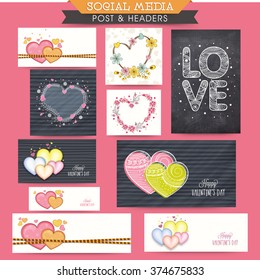 Colorful hearts decorated social media ads, post, headers or banners for Happy Valentine's Day celebration.