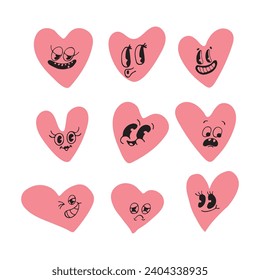 Colorful hearts with emotions set. Different shaped hearts isolated on white background. Valentine's Day. Clipart. Vector illustration