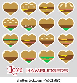 colorful hearts hamburgers styles simple stickers icons eps10