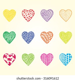 Colorful Hearts icons .Hearts Set. Hand drawn doodles Vector illustration. Happy Valentine's day. 