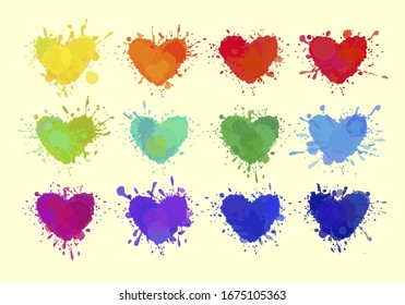 Colorful Hearts Isolated On White. Vector Hearts With Paint Stains, Spills And Splatters. Vector EPS 10 Illustration. 