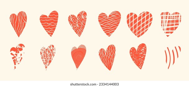 Colorful hearts with loop, drops, spots, curves, lines and waves. Hand drawn doodle elements. Vector illustration with wavy and spiral elements. Design elements for social media posts