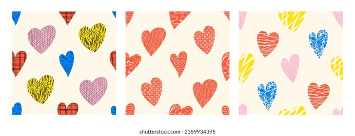 Colorful hearts with loop, drops, spots, curves, lines and waves seamless pattern. Hand drawn doodle elements. Vector illustration with wavy and spiral elements.