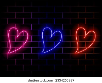 Colorful hearts neon signs on brick wall. Multicolored icons. Happy Valentine's Day holiday. Bright advertising. Romantic design. Bright flag. Vector illustration. Green, red, yellow, pink, blue, oran
