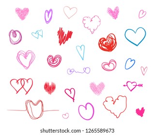 Colorful hearts on isolated white background. Hand drawn set of love signs. Unique abstract image for design. Line art creation. Colored illustration. Elements for poster or flyer