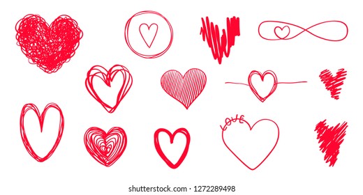 Colorful hearts on isolated white background. Hand drawn set of love signs. Unique abstract image for design. Line art creation. Colored illustration. Elements for poster or flyer