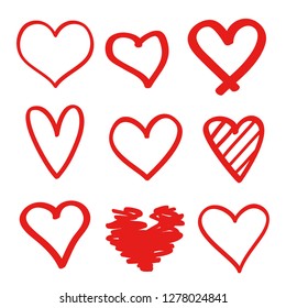 Colorful hearts on isolated white background. Hand drawn set of love signs. Unique abstract image for design. Line art creation. Colored illustration. Elements for poster or flyer