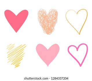 Colorful hearts on isolated white background. Hand drawn set of love signs. Unique abstract image for design. Line art creation. Colored illustration. Elements for poster or flyer