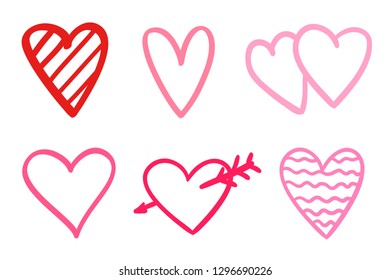 Colorful hearts on isolated white background. Hand drawn set of love signs. Unique abstract image for design. Line art creation. Colored illustration. Elements for poster or flyer